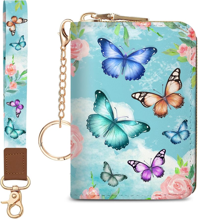 Blusabaca Credit Card Holder for Women, Butterfly Small RFID Blocking Wallet with Wristlet Strap, Keychain Zipper Women Wallet, Leather Card Case, Accordion Card Wallet Purse with Key Lanyard - Image 1